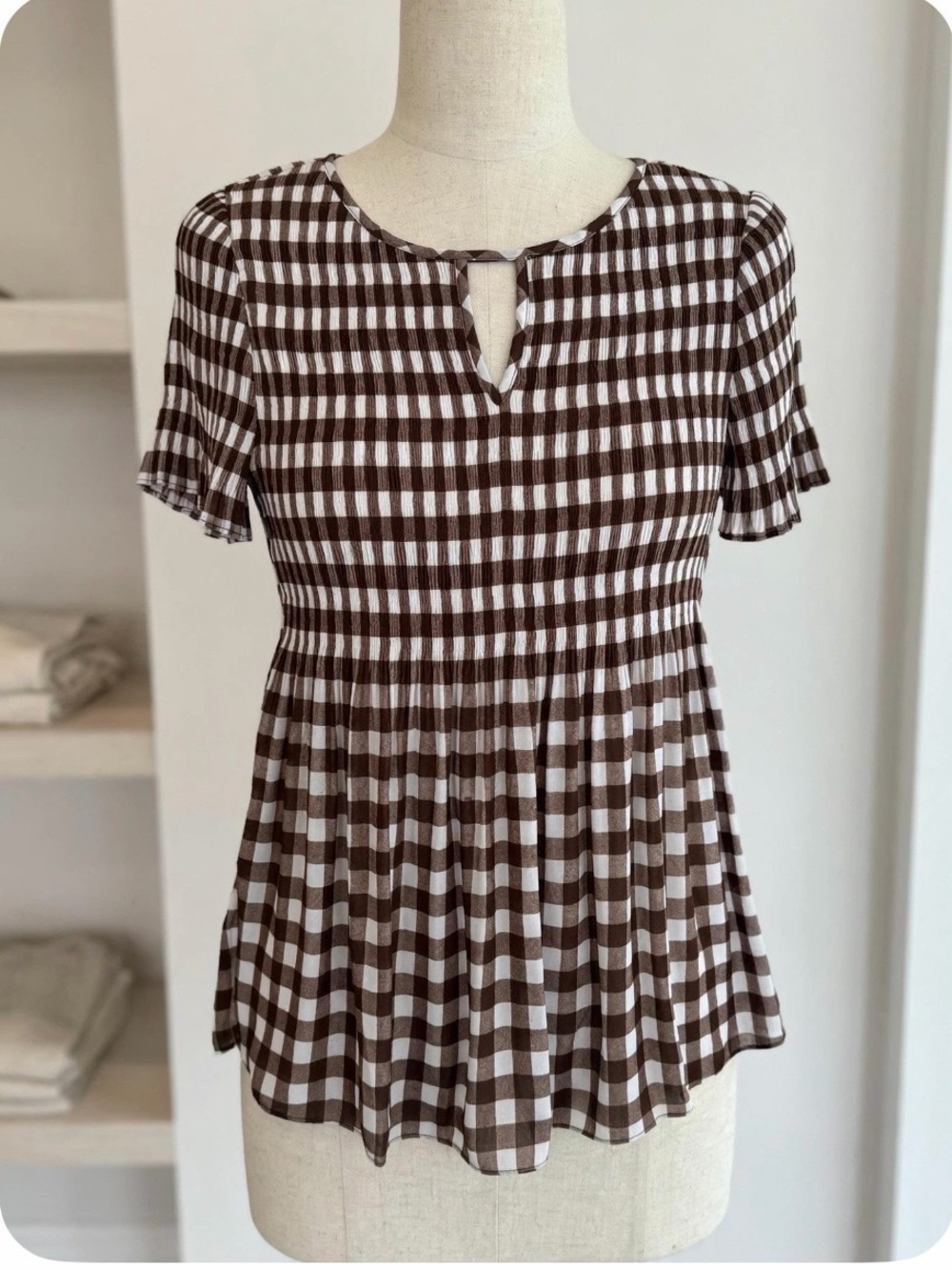 Brown and White Gingham Short-Sleeve Peplum Top